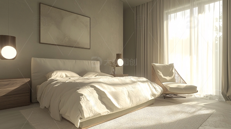 高清大图下载【趣麦麦图】极简风卧室阳光洒满房间