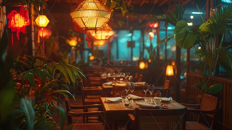 高清大图下载【趣麦麦图】昏暗灯光下的热带餐厅