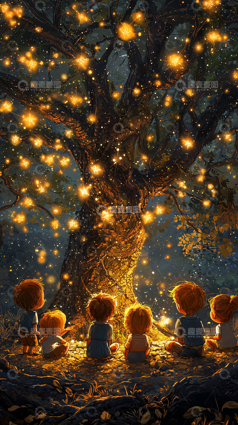 高清大图下载【趣麦麦图】夜晚萤火树下孩子