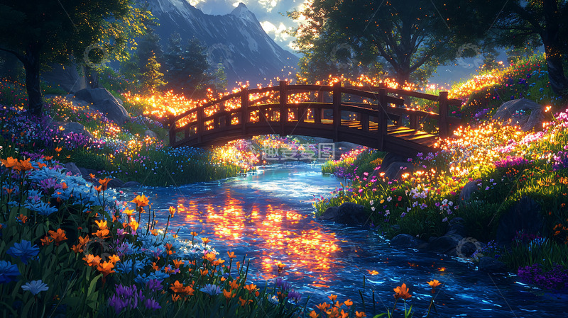 高清大图下载【趣麦麦图】梦幻花田小桥流水