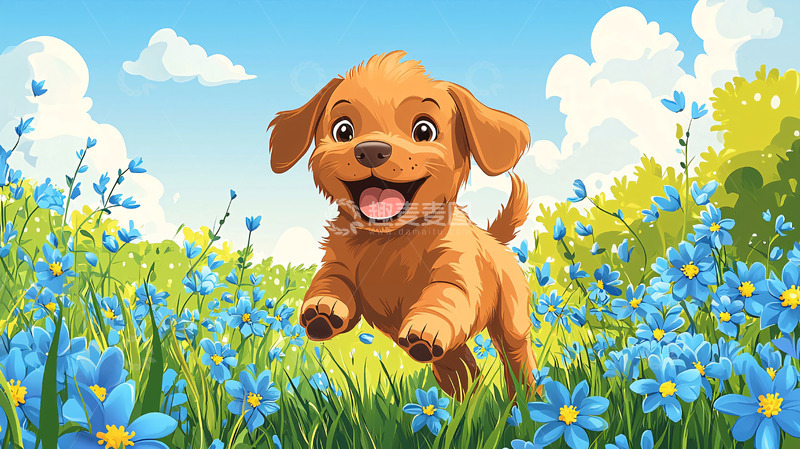 高清大图下载【趣麦麦图】可爱的小狗在花田里奔跑