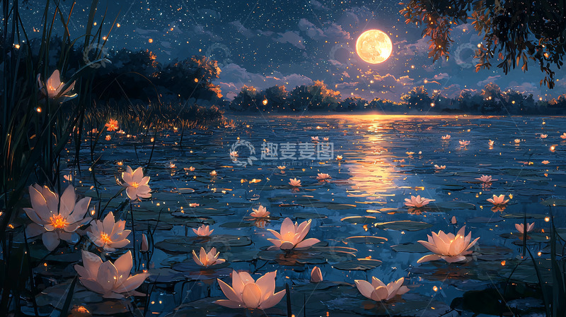 高清大图下载【趣麦麦图】月光下的荷花湖