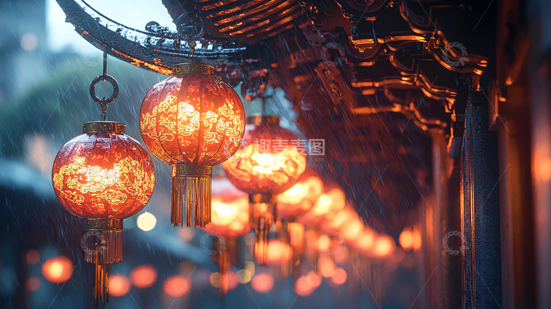 高清大图下载【趣麦麦图】雨中红灯笼