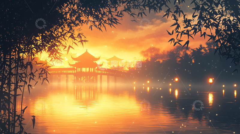 高清大图下载【趣麦麦图】湖边日落下的中国古建筑
