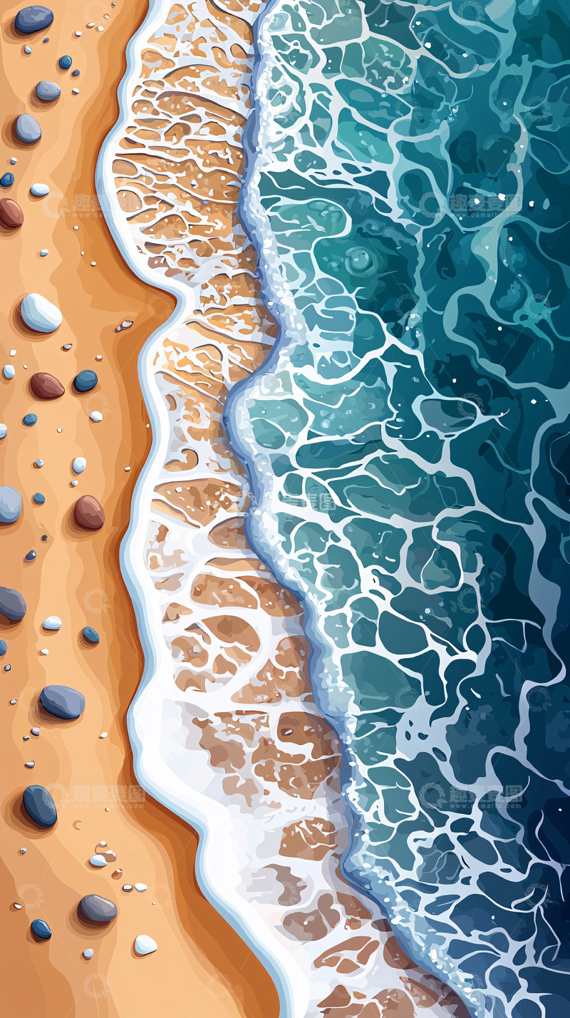 高清大图下载【趣麦麦图】水彩海滩俯视图