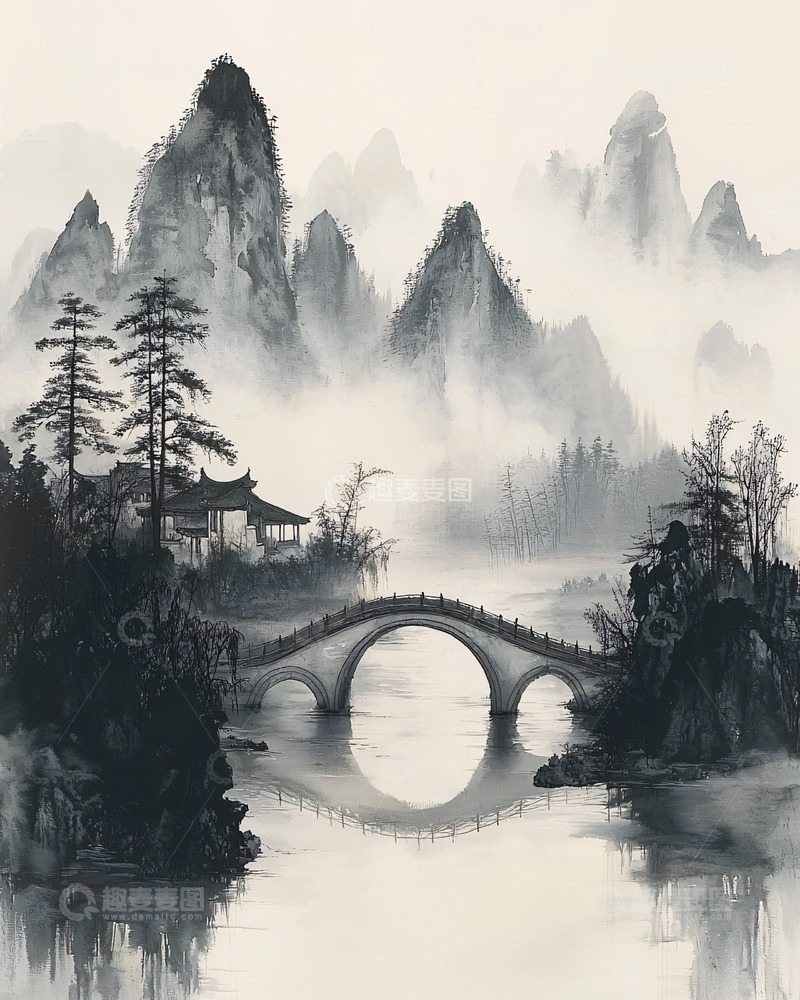 高清大图下载【趣麦麦图】水墨山水桥梁古建筑