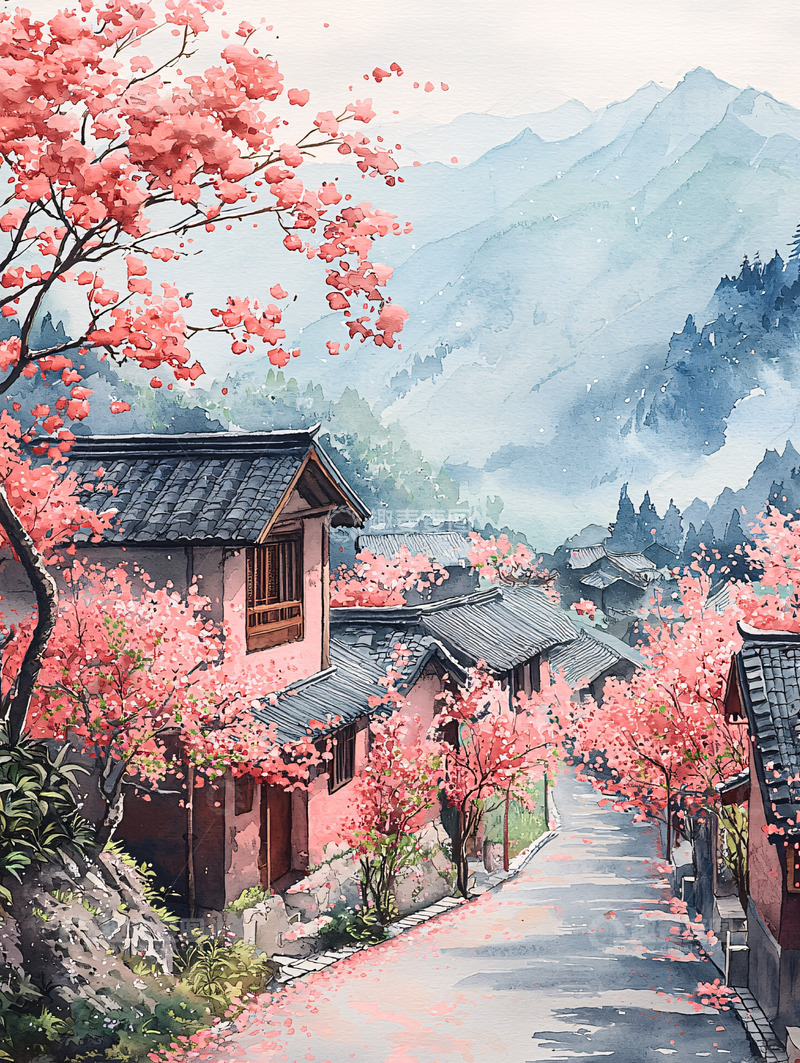 高清大图下载【趣麦麦图】水彩风格的粉色樱花小镇