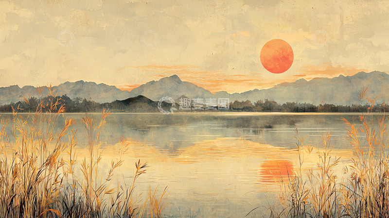 高清大图下载【趣麦麦图】宁静湖面上的日落美景