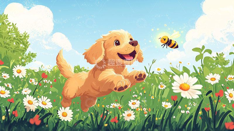 高清大图下载【趣麦麦图】金毛幼犬与蜜蜂嬉戏