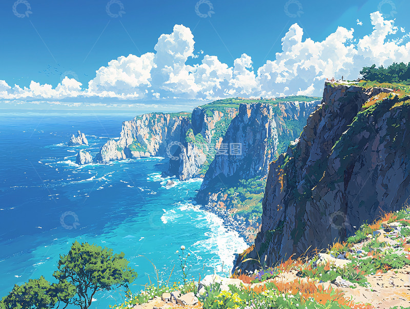 高清大图下载【趣麦麦图】阳光明媚的海边悬崖