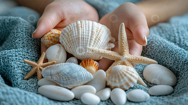 高清大图下载【趣麦麦图】双手捧着贝壳和海星