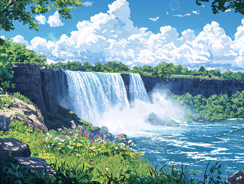 高清大图下载【趣麦麦图】阳光明媚的瀑布风景图