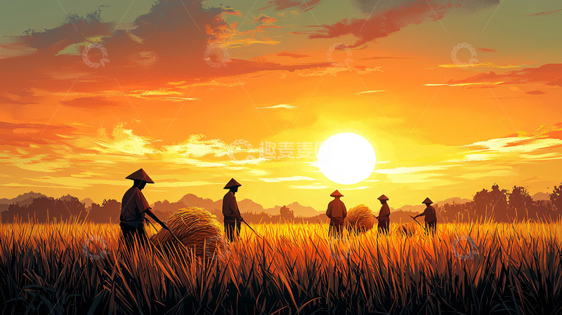 高清大图下载【趣麦麦图】日落稻田劳作