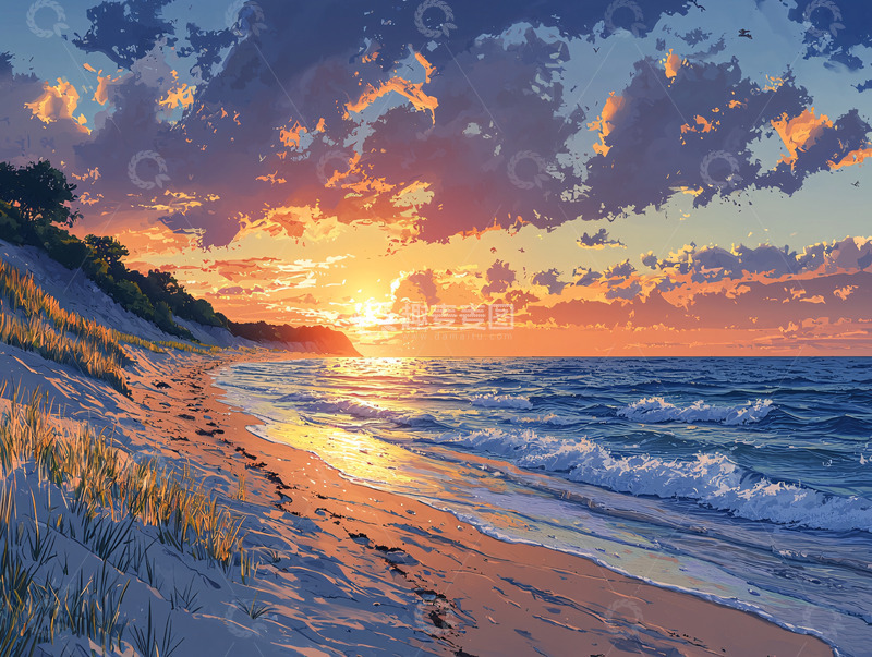 高清大图下载【趣麦麦图】海滩日落风景画