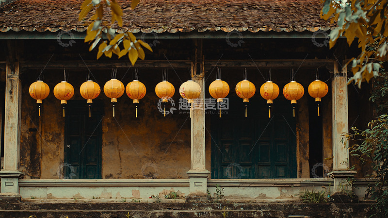 高清大图下载【趣麦麦图】古建筑物悬挂黄色灯笼