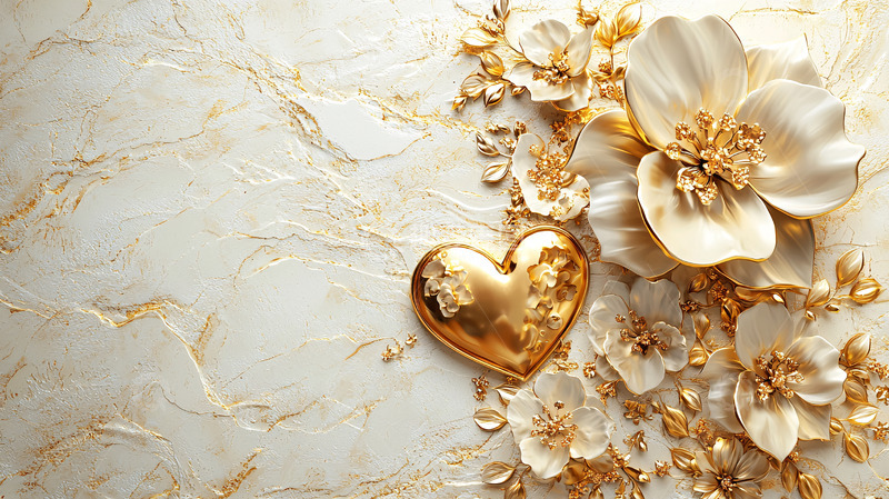 高清大图下载【趣麦麦图】金色爱心和白色花朵