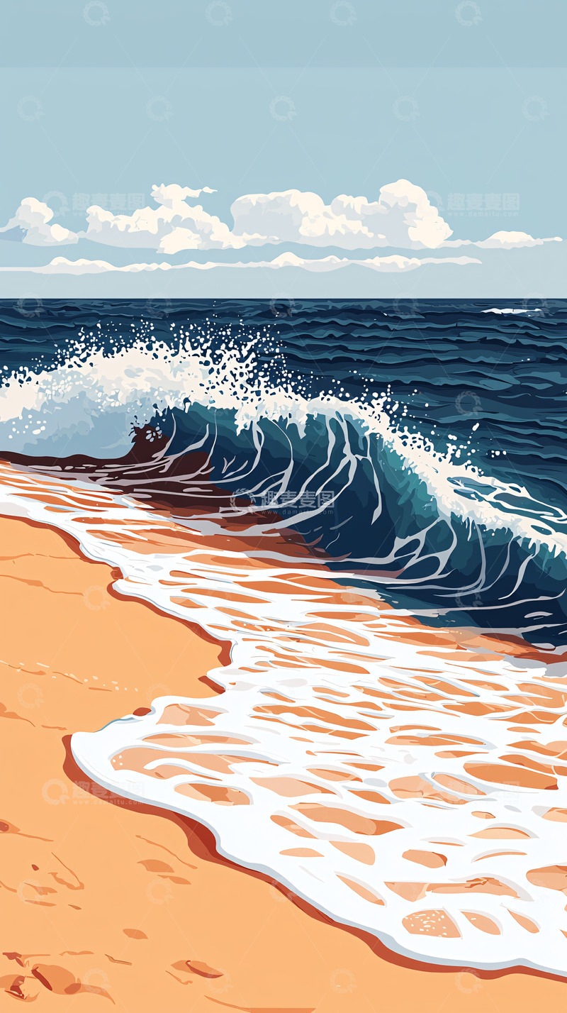 高清大图下载【趣麦麦图】海边沙滩波浪绘画风格