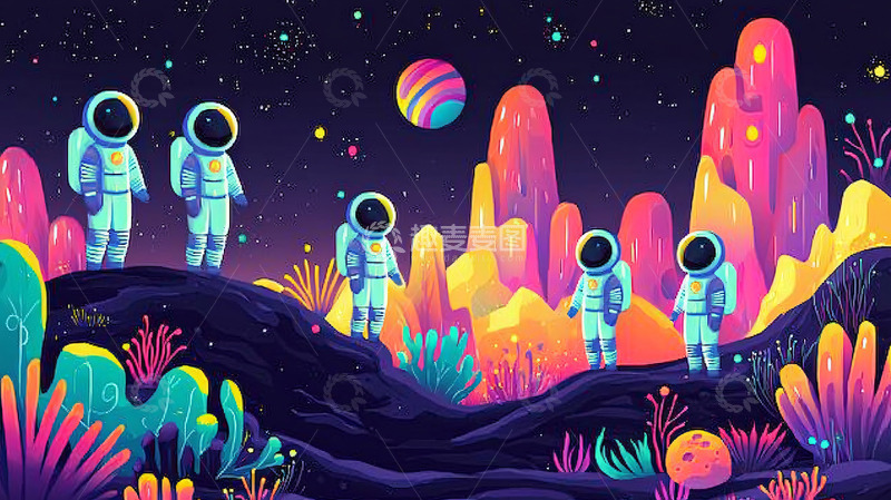 高清大图下载【趣麦麦图】色彩鲜艳的宇航员外星球探险