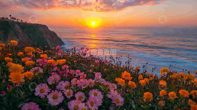 高清大图下载【趣麦麦图】海边日落花海