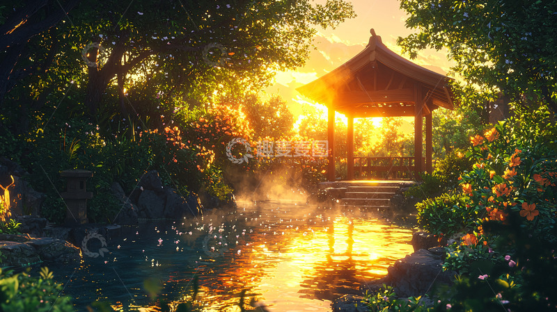 高清大图下载【趣麦麦图】亭台水榭金色阳光风景