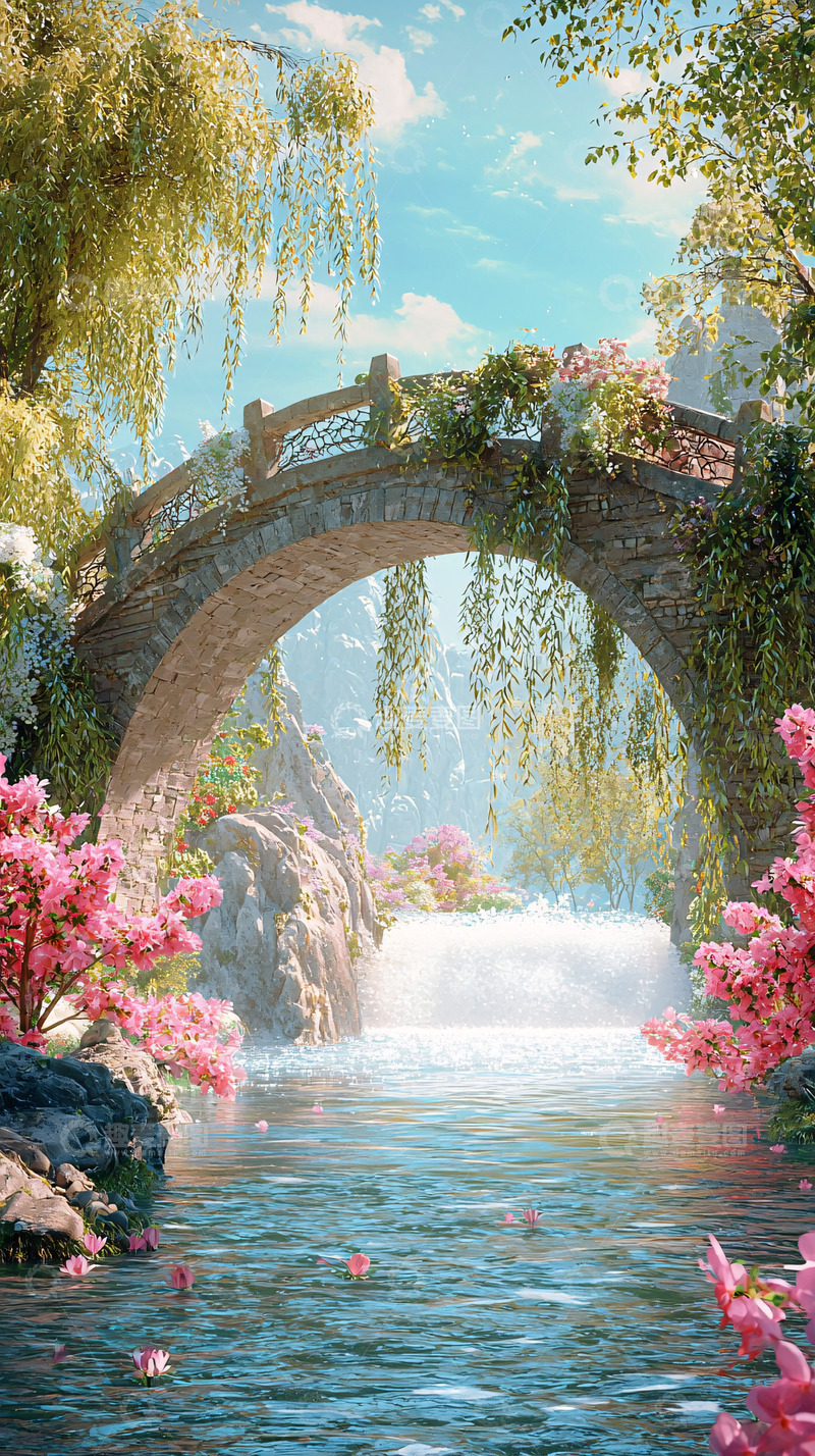 高清大图下载【趣麦麦图】唯美意境桥流水瀑布