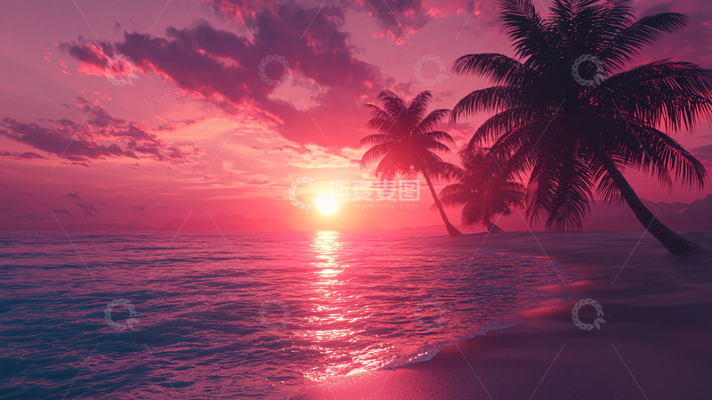 高清大图下载【趣麦麦图】粉色系海滩日落