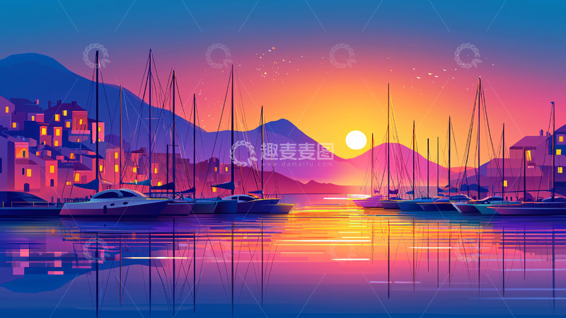 高清大图下载【趣麦麦图】温暖色调的港口日落