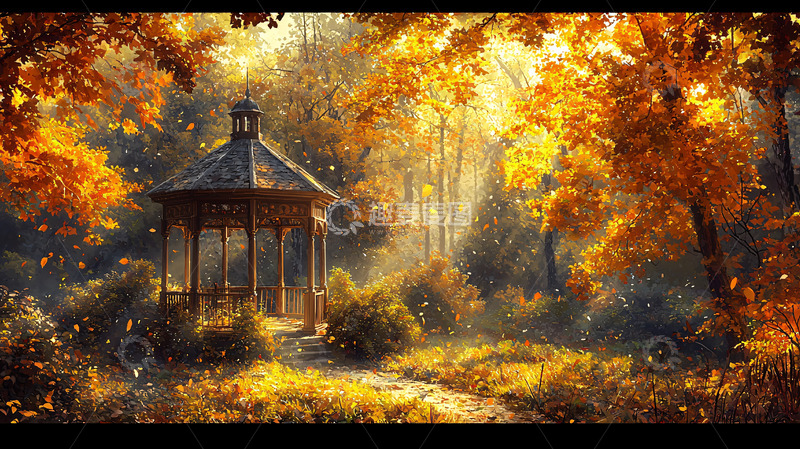 高清大图下载【趣麦麦图】秋日阳光下的木制凉亭