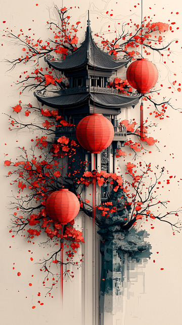 红色灯笼和古建筑融合