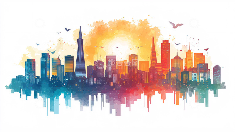 高清大图下载【趣麦麦图】水彩城市天际线轮廓