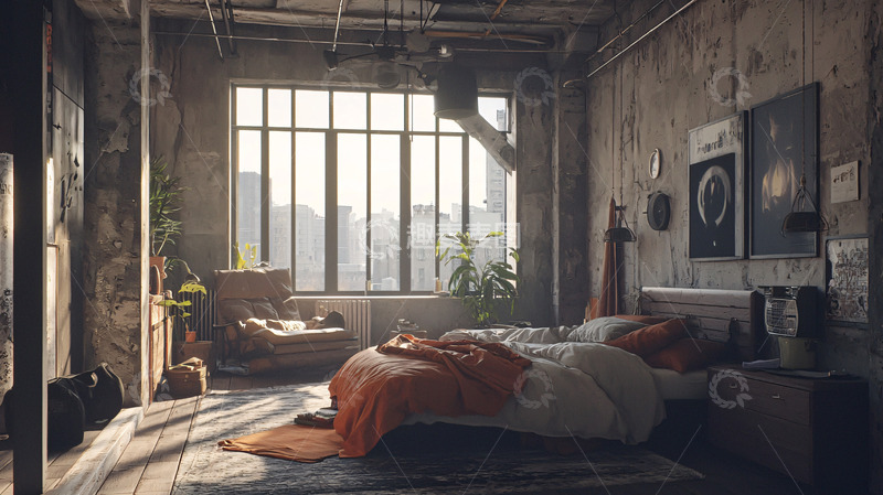 高清大图下载【趣麦麦图】工业风卧室