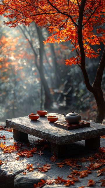 秋日红枫下茶席