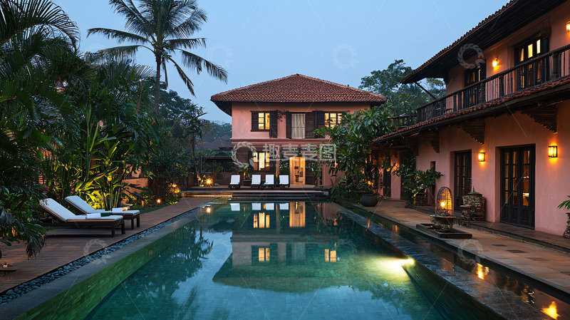 高清大图下载【趣麦麦图】度假别墅泳池夜景