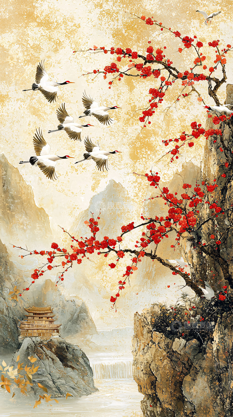 高清大图下载【趣麦麦图】水墨画仙鹤红梅山水国风