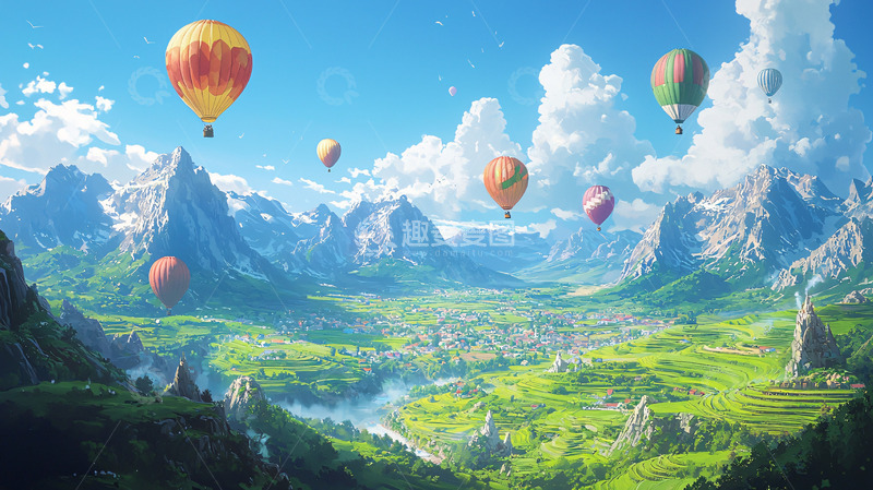 高清大图下载【趣麦麦图】热气球飞跃山谷