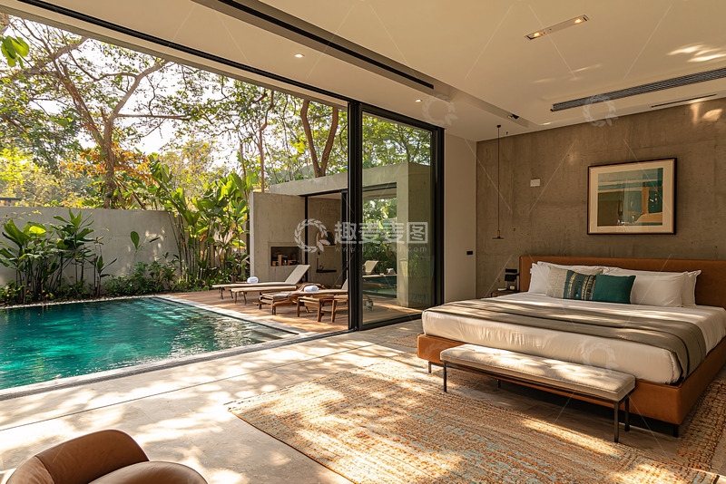 高清大图下载【趣麦麦图】现代简约别墅泳池卧室