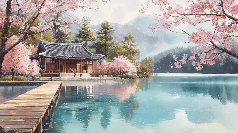 高清大图下载【趣麦麦图】樱花湖畔古建筑