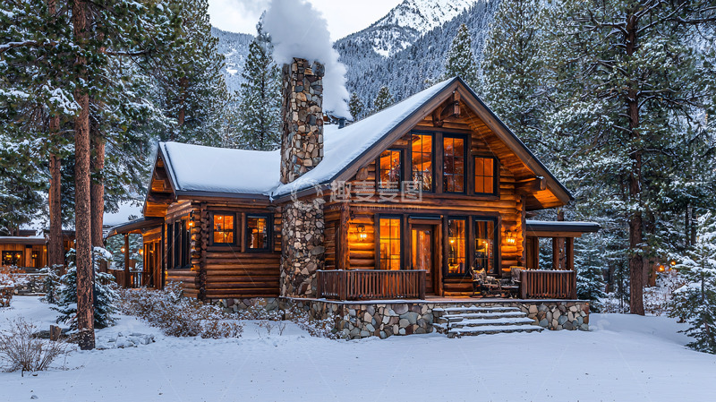 高清大图下载【趣麦麦图】雪山木屋