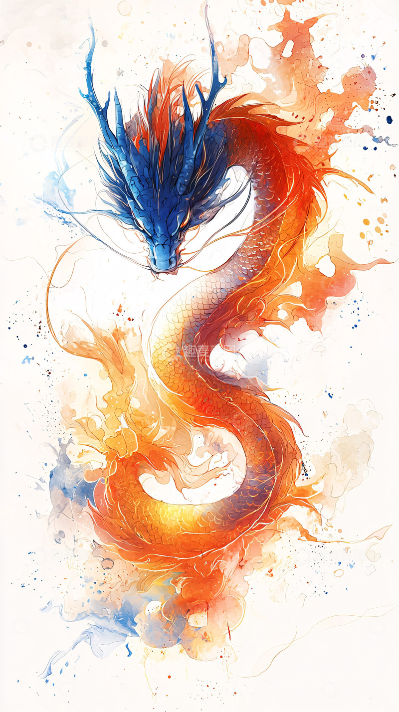 高清大图下载【趣麦麦图】水墨蓝火龙