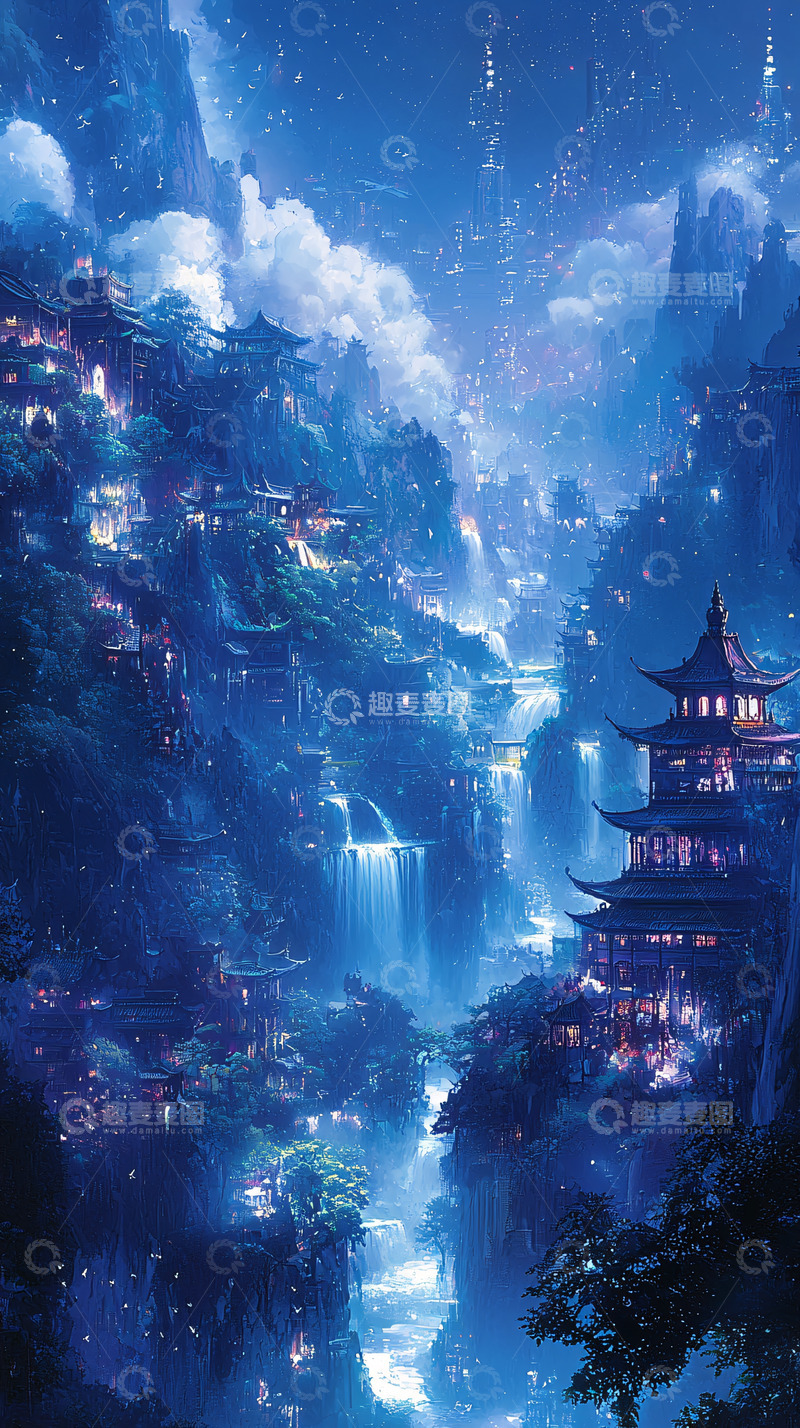 高清大图下载【趣麦麦图】山间蓝色古镇夜景