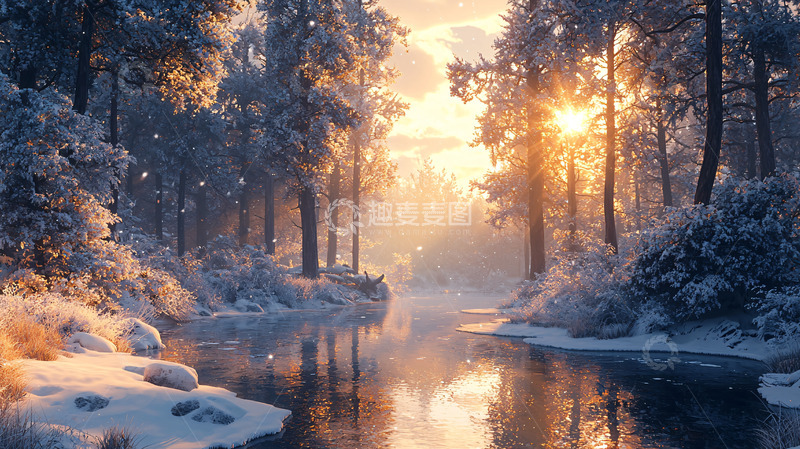 高清大图下载【趣麦麦图】冬日雪景森林河流日出