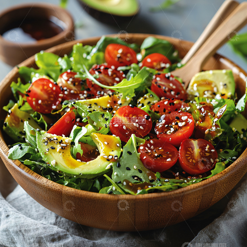高清大图下载【趣麦麦图】木碗里清爽的牛油果番茄沙拉