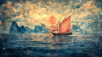 夕阳下红色帆船航行