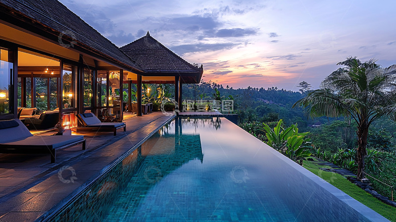 高清大图下载【趣麦麦图】傍晚别墅无边泳池景色