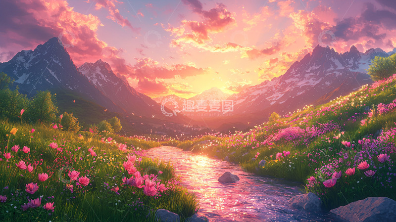 高清大图下载【趣麦麦图】梦幻山谷夕阳美景