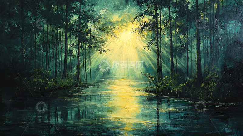 高清大图下载【趣麦麦图】森林晨曦湖泊倒影