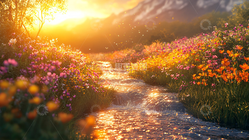 高清大图下载【趣麦麦图】日落山谷溪流鲜花