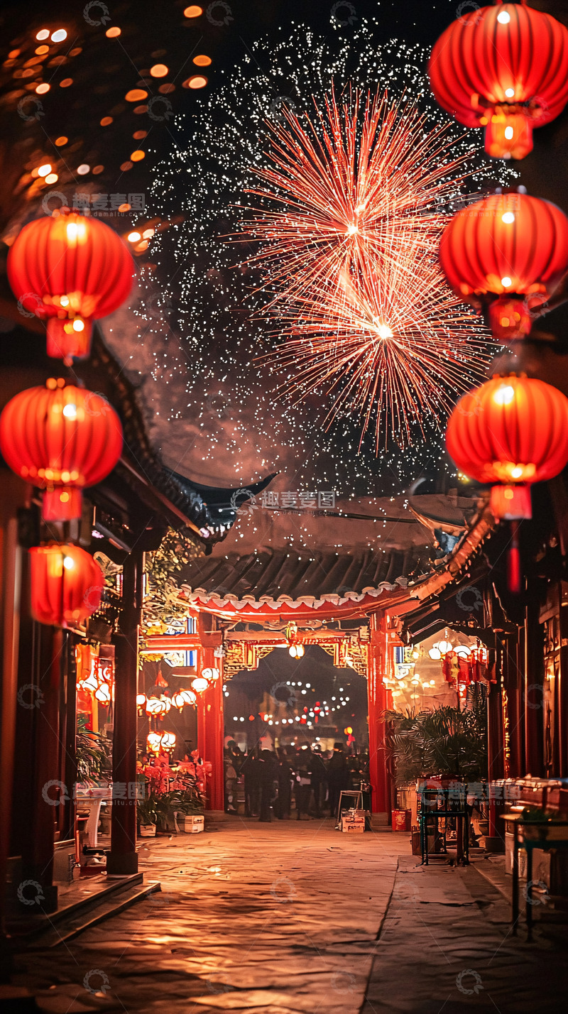 夜晚古镇烟火红灯笼