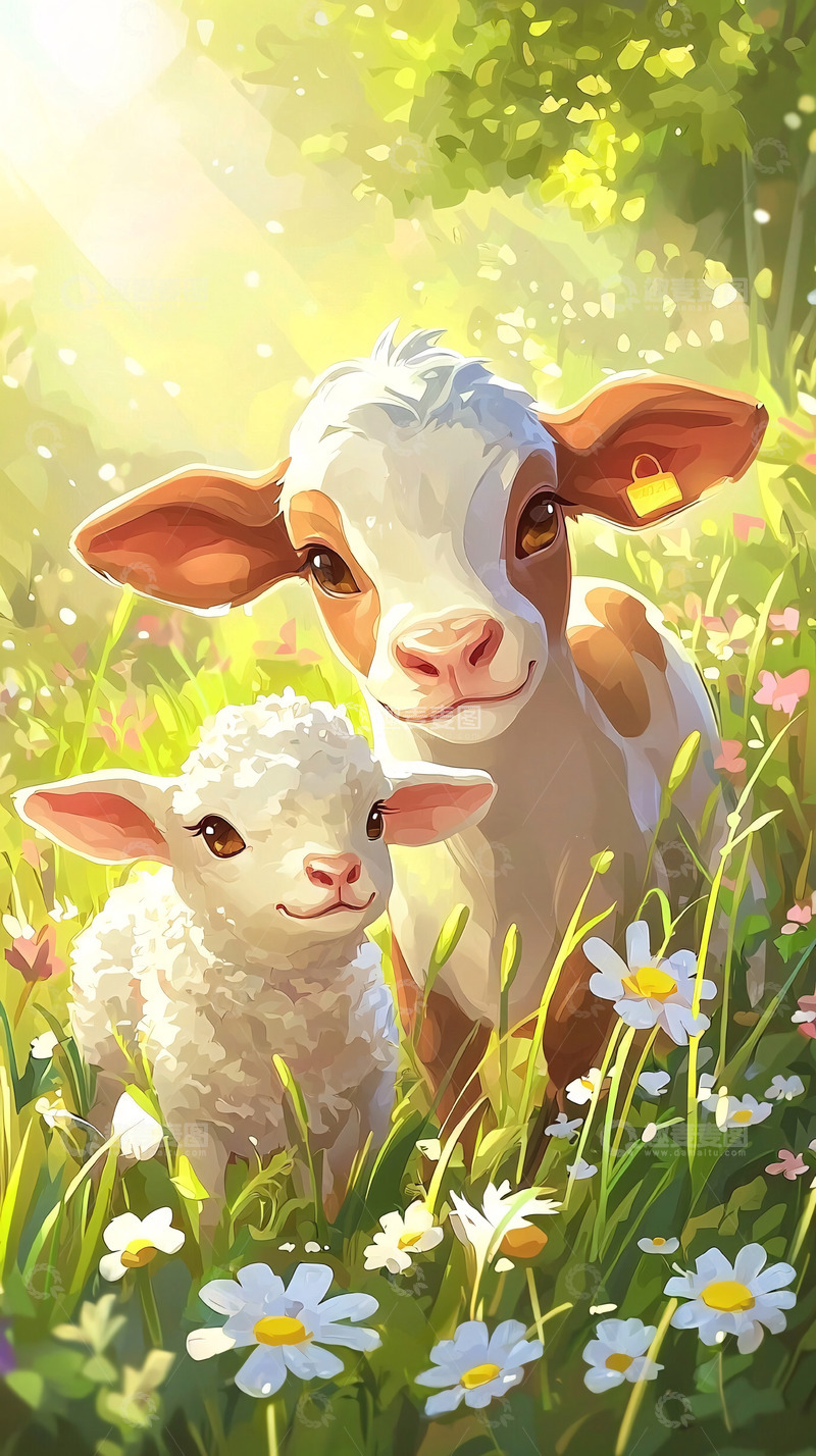 高清大图下载【趣麦麦图】小牛和小羊在花丛中