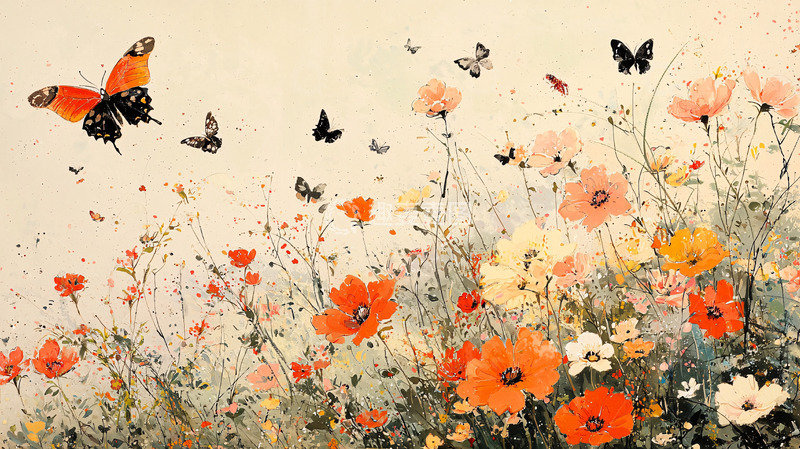 高清大图下载【趣麦麦图】水彩蝴蝶花田